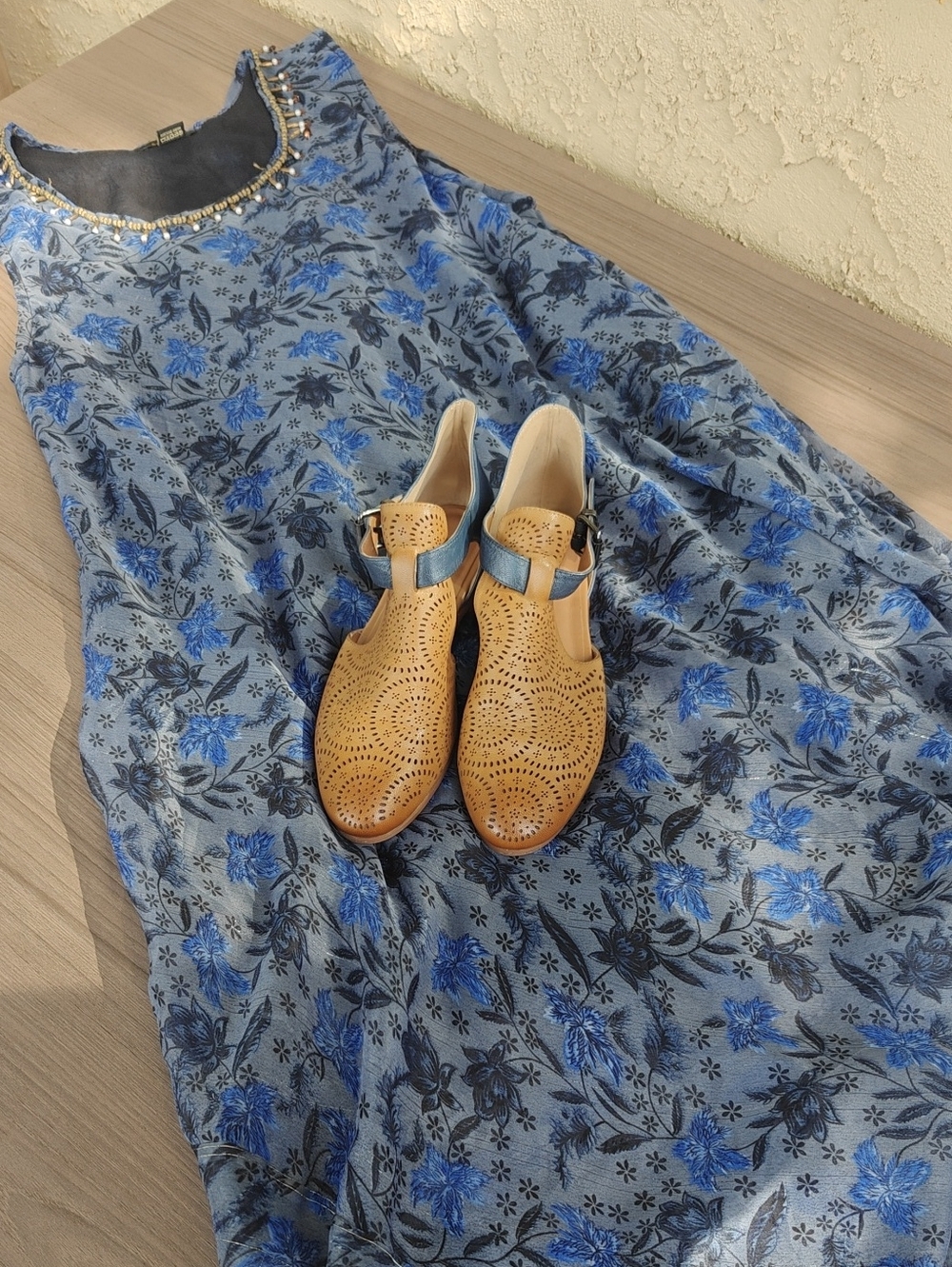 Perforated Tan Leather T-Strap Mules with Blue Accent
